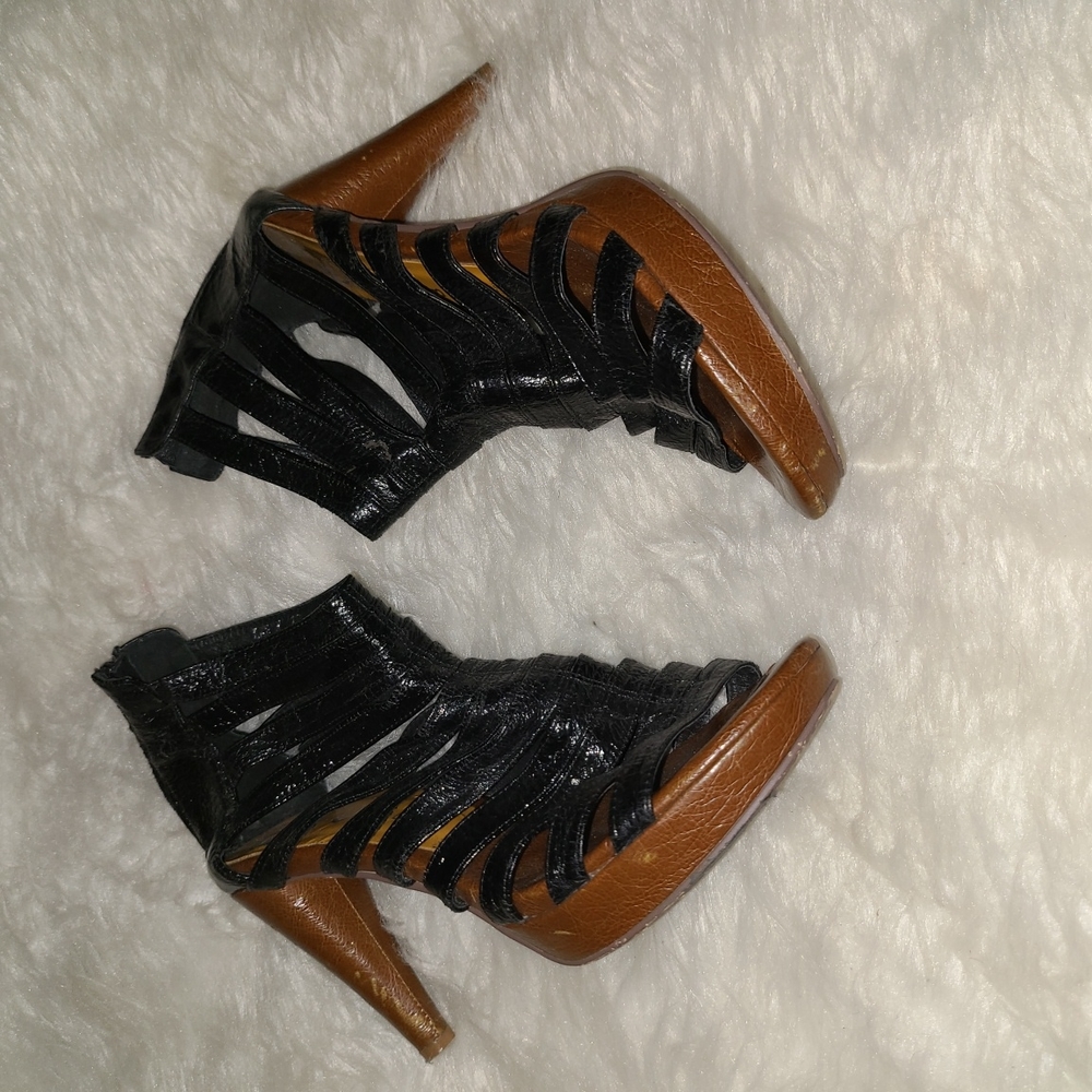 Jeffery Campbell S. 10  Black Leather ⚫️ Glatiator Croc Embossed Brown Heels